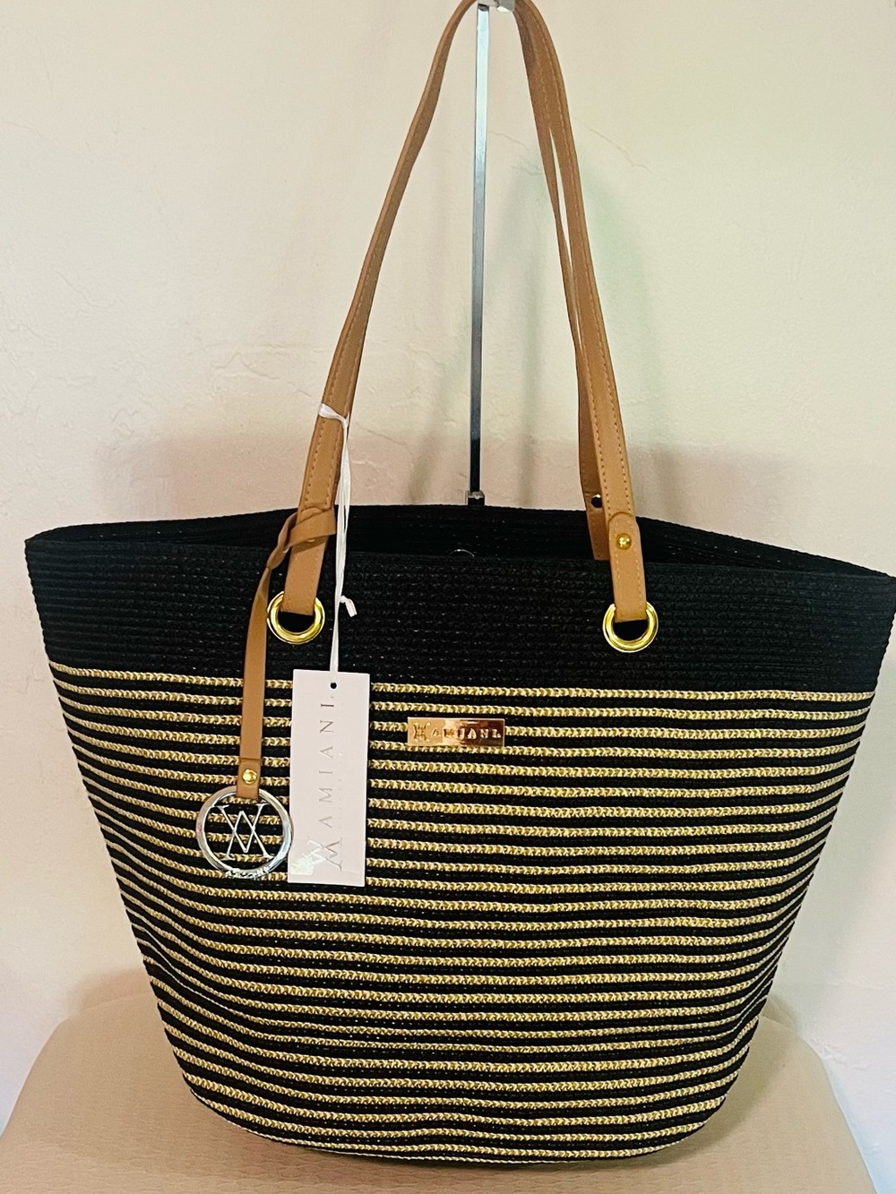 NWT Amiani Jute Black and Gold Shimmer Tote